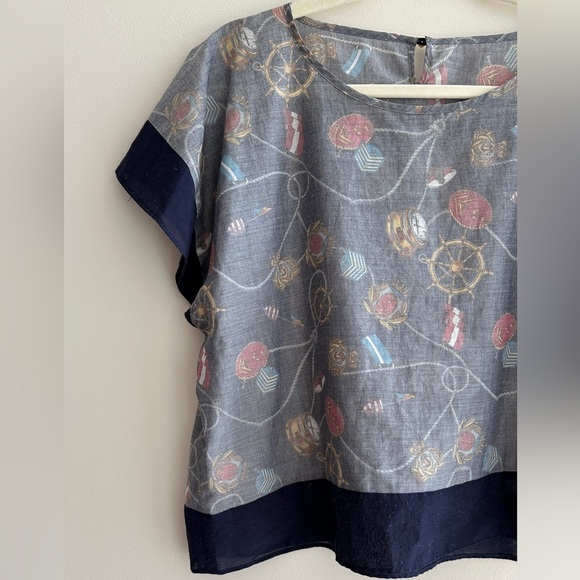Eveve Nautical Print Blouse, Coastal Grandma Preppy Blouse, Navy Blue, Medium - Picture 3 of 15